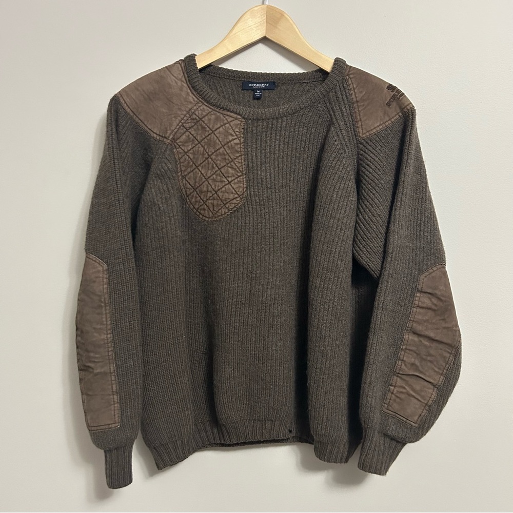 90s Vintage Burberry London Women’s Pullover Wool Leather Knit Sweater Medium